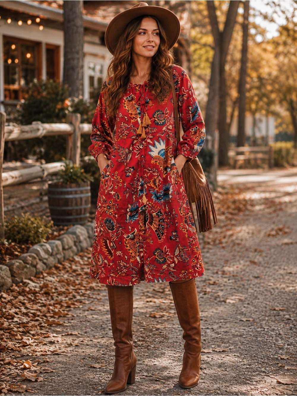 RAJ NWT Red Boho Printed Midi Dress Floral Paisley Fall XL